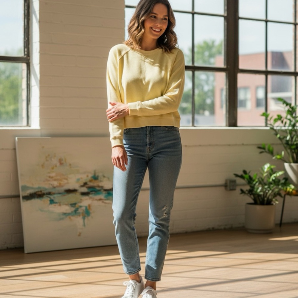 Frank & Oak Light Yellow waffle shirt